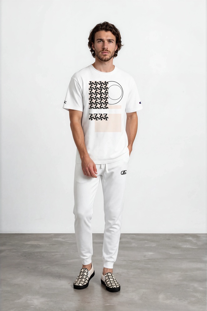 Jordan Minimalist Gallery Jordan Minimalist Gallery The Art Series (Four Points) Champion T-Shirt Fleece Joggers Canvas Deck Shoes pink black white front art concierge clothing jpg