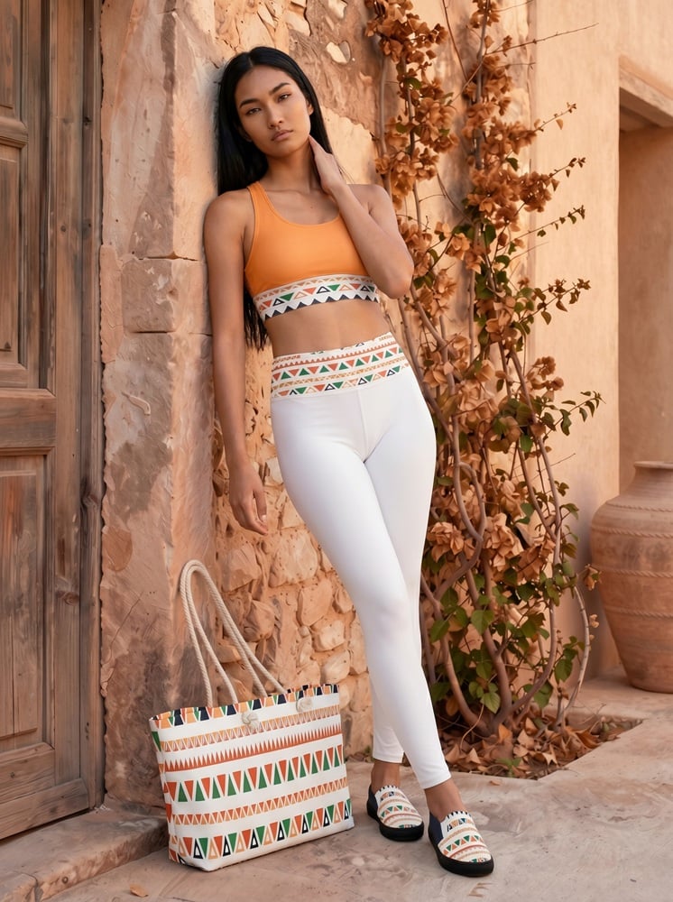 Kaia in Mexico The Art Series (Mexican Triangles) Longline Sports Bra Yoga Leggings Canvas Deck Shoes Weekender Bag multi-colored front art concierge clothing JPG