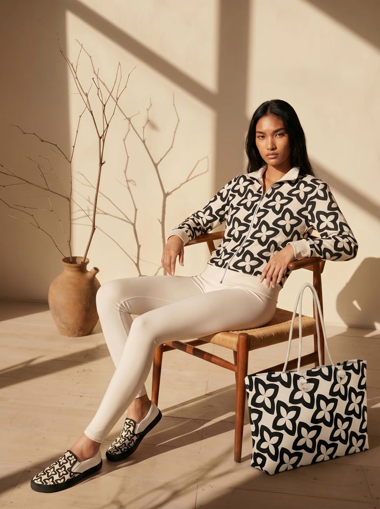 Kaia Garden Look Kaia Garden Look The Art Series (Four Points) Track Jacket Yoga Leggings Canvas Deck Shoes Weekender Bag Black Pink front art concierge clothing jpg