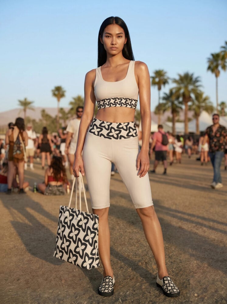 Kaia Beach Look Kaia Beach Look The Art Series (Four Points) Longline Sports Bra Yoga Leggings Canvas Deck Shoes Weekender Bag Black Pink front art concierge clothing jpg