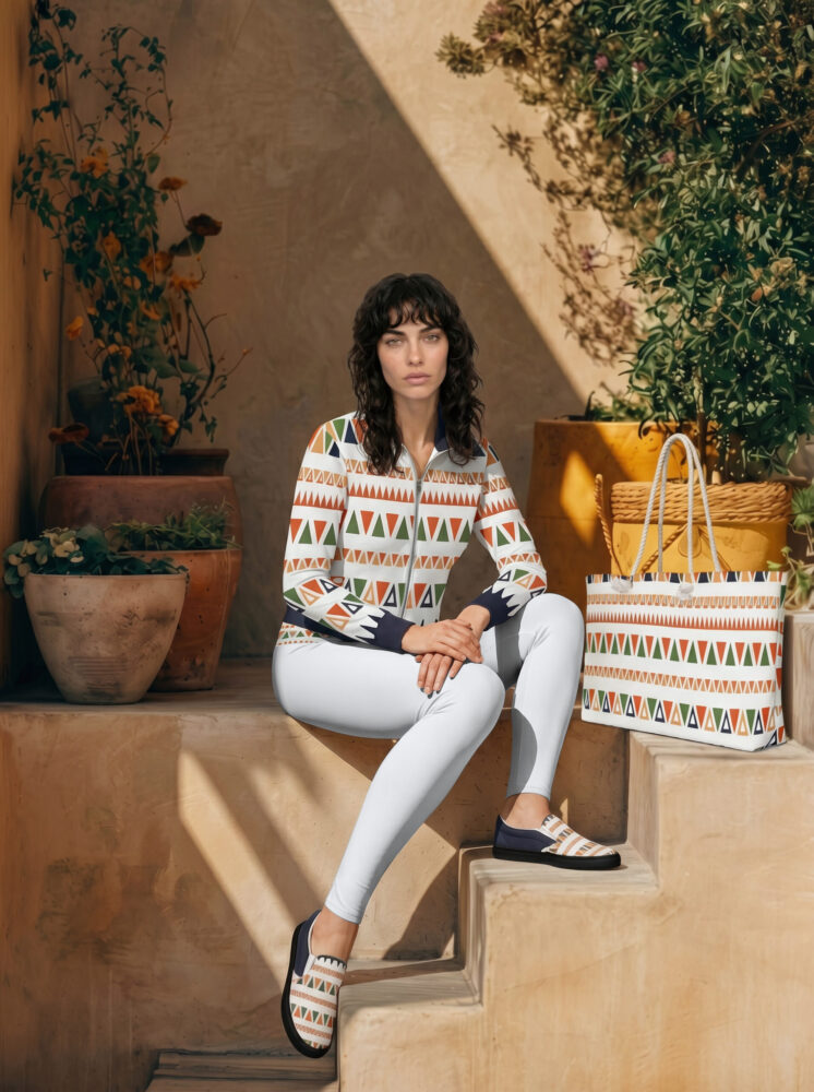 Rita on the Stairs Rita on the Stairs The Art Series (Mexican Triangles) Track Jacket Yoga Leggings Canvas Deck Shoes Weekender Bag multi-colored front art concierge clothing JPG