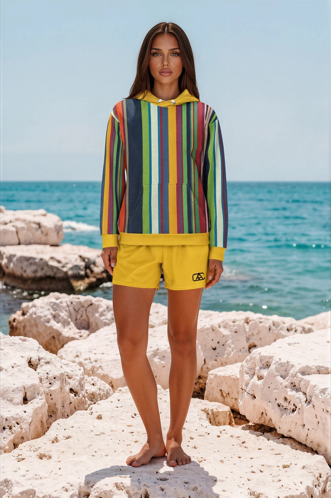 Skyler Limestone Rocks The Stripes Series (Rainbow) Hoodie Swim Trunks Multicoloured Stripes green white front Art Concierge Clothing jpg