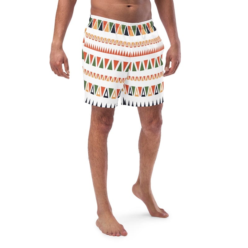The Art Series (Mexican Triangles) Swim Trunks multi colored triangles white front art concierge clothing