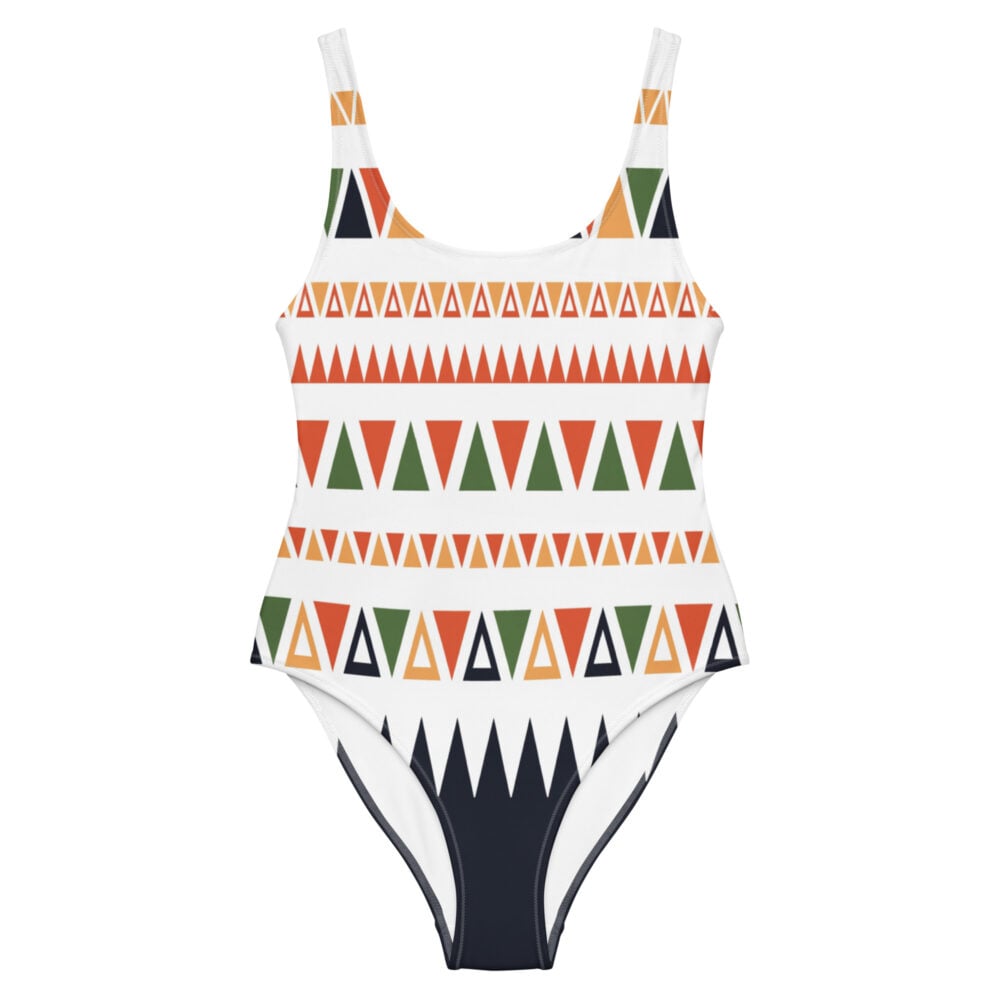 The Art Series (Mexican Triangles) One-Piece Swimsuit colored triangles white front art concierge clothing jpg
