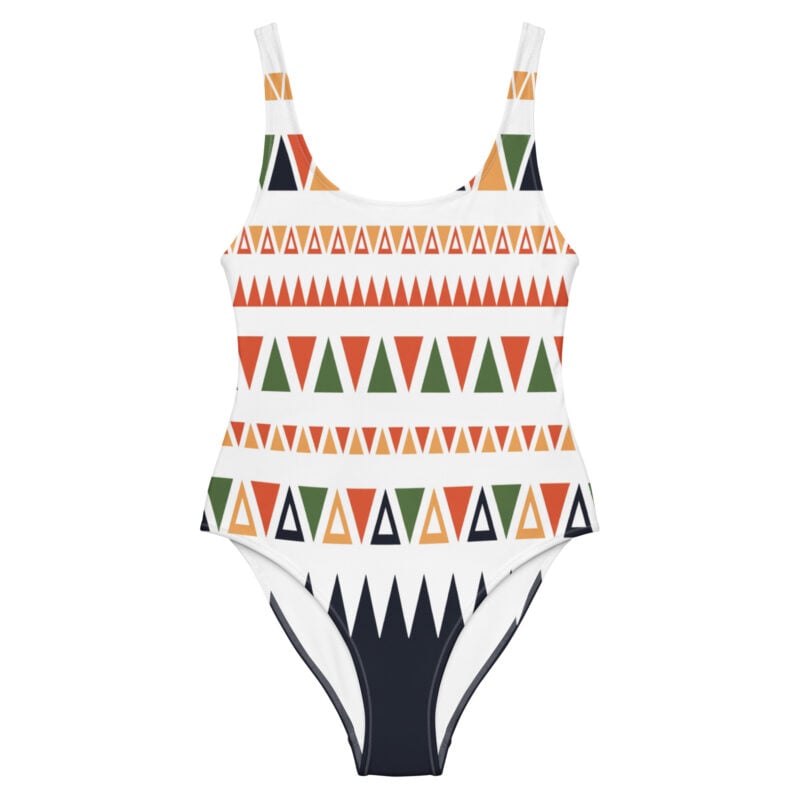 The Art Series (Mexican Triangles) One-Piece Swimsuit colored triangles white front art concierge clothing jpg