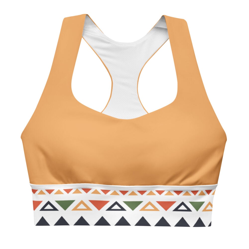 The Art Series (Mexican Triangles) Longline Sports Bra multi-colored triangles beige white front art concierge clothing jpg
