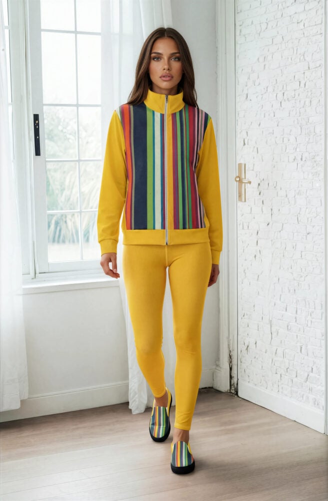 Skyler Lofty Look The Stripes Series (Rainbow) Track Jacket Yoga Leggings Canvas Deck Shoes multicoloured stripes green front art concierge clothing JPG
