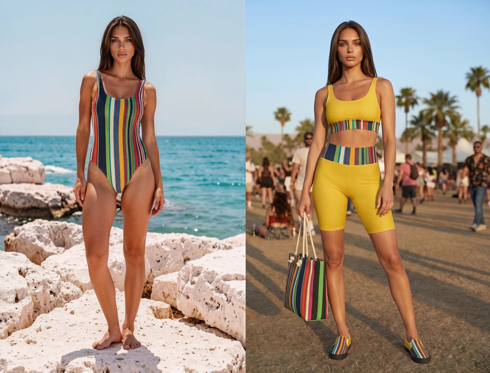 Emmi Emmi The Stripes Series (Rainbow) bathing suit longline sports bra biking shorts weekender bag multi-colored stripes yellow front art concierge clothing JPG
