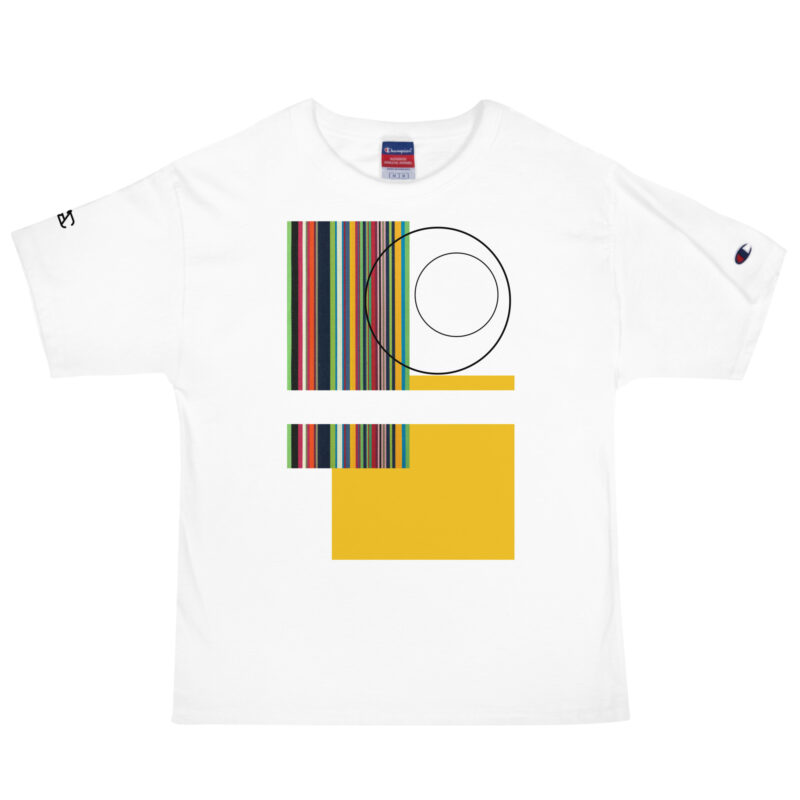 The Stripes Series (Rainbow) Champion T-Shirt multicoloured stripes green white front art concierge clothing jpg