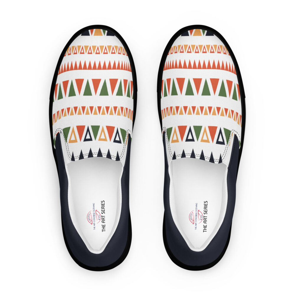 The Art Series (Mexican Triangles) Men’s Slip-on Canvas Shoes colored triangles white black front art concierge clothing jpg