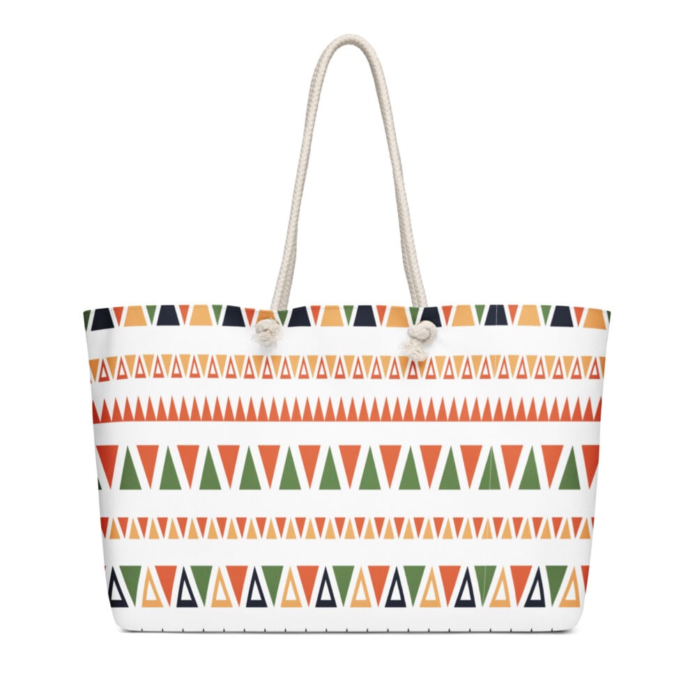 The Art Series (Mexican Triangles) Weekender Bag 24x13 multi-colored triangles white front art concierge clothing jpg