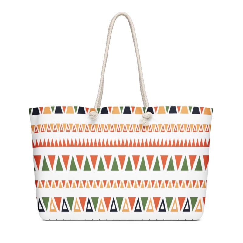 The Art Series (Mexican Triangles) Weekender Bag 24x13 multi-colored triangles white front art concierge clothing jpg The Art Series (Mexican Triangles) Weekender Bag 24x13 multi-colored triangles white front art concierge clothing jpg