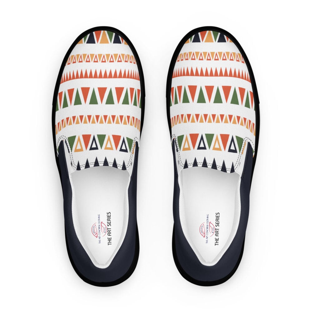 The Art Series (Mexican Triangles) Women’s Slip-on Canvas Shoes multi-colored triangles white black front art concierge clothing jpg