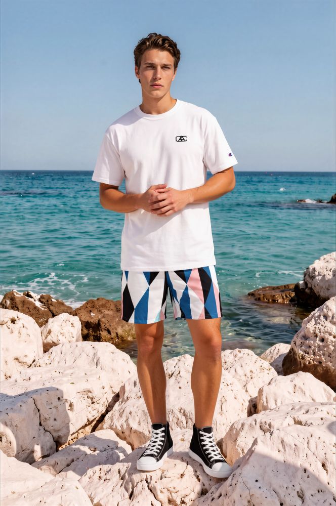 Chace Limestone Rocks The Art Series (Colored Triangles) Swim Trunks Artists Series (Black) High Tops champion t-shirt black blue white front art concierge clothing jpg