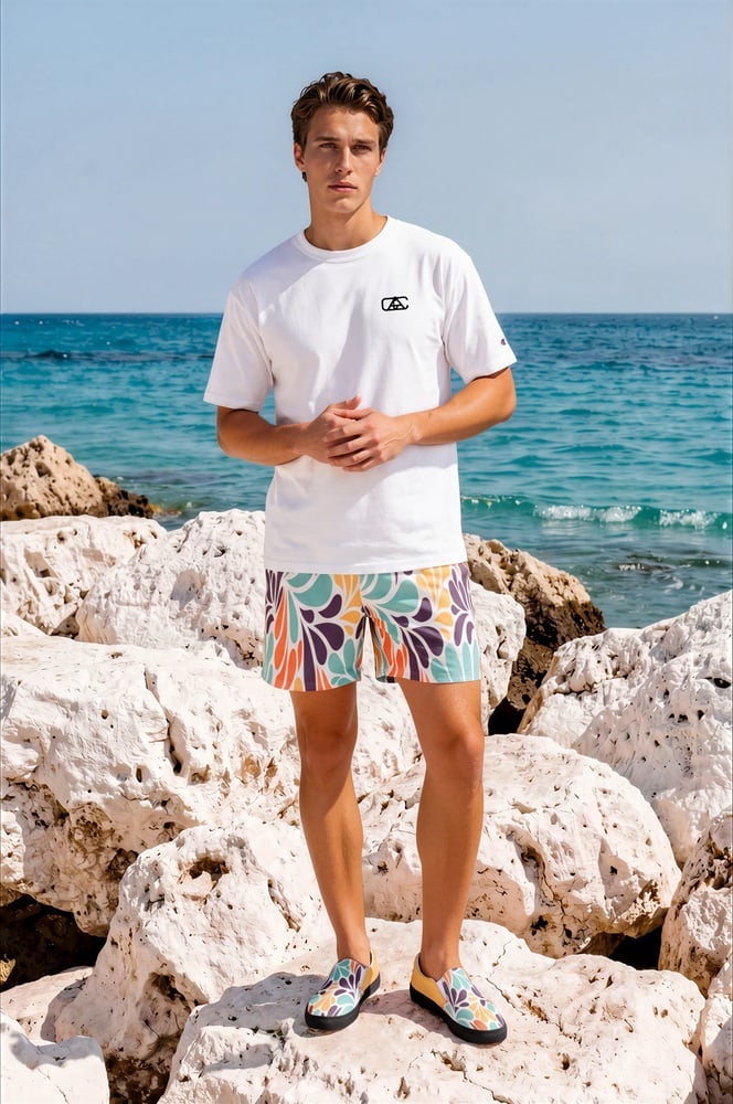 Chace Limestone Rocks The Floral Series (Thoughts on Matisse) Swim Trunks canvas decks shoe champion t shirt grey green front art concierge clothing