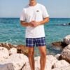 Chace Limestone Rocks The Tartan Series (Yellow and Blue) Swim Trunks Canvas Deck Shoe Champion T-shirt blue yellow front art concierge clothing JPG