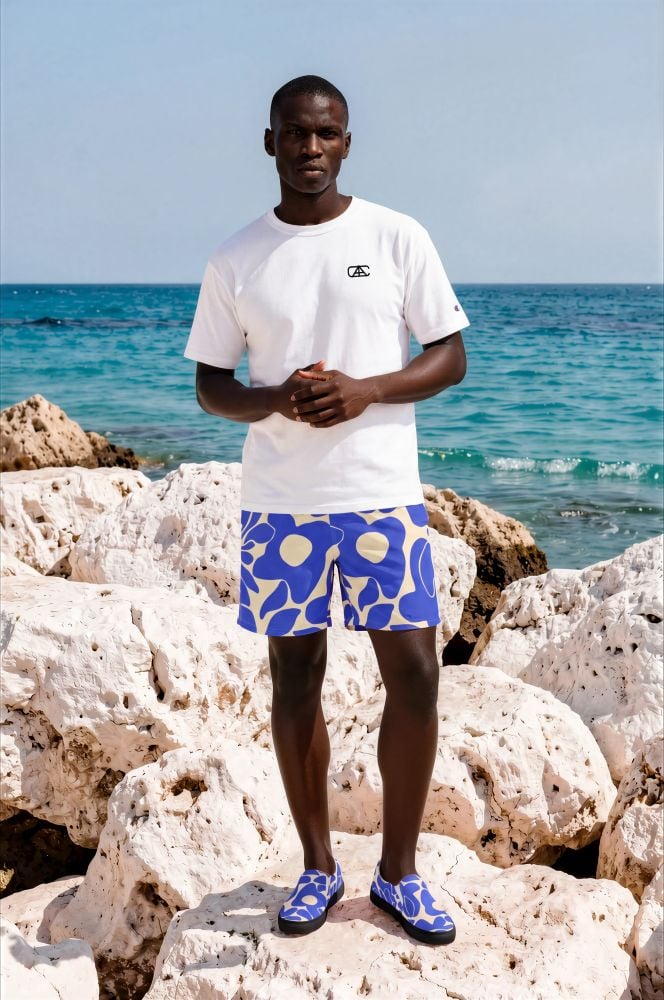 Javen Limestone Rocks The Art Series (Ode to Matisse in Blue) Swim Trunks canvas deck shoes champion t-shirt blue white front art concierge clothing jpg