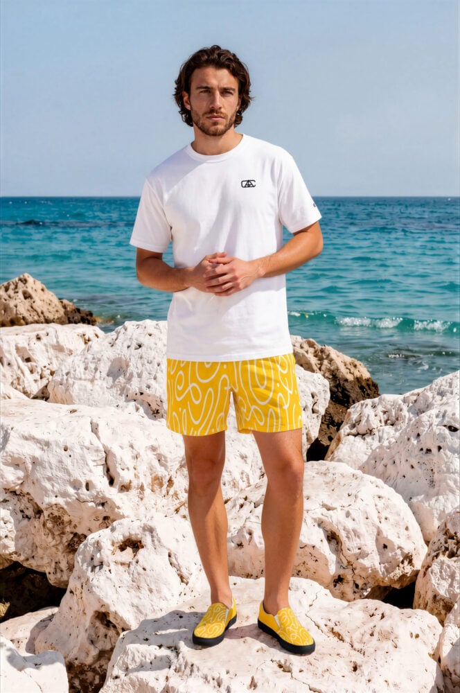 Jordan Limestone Rocks The Art Series (Ode to Matisse in Yellow) Swim Trunks canvas deck shoes champion t shirt yellow white front art concierge clothing Jordan Limestone Rocks The Art Series (Ode to Matisse in Yellow) Swim Trunks canvas deck shoes champion t shirt yellow white front art concierge clothing