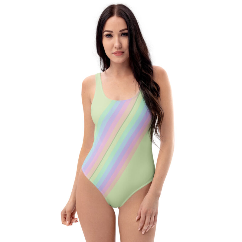 The Stripes Series (Lime Cream) One-Piece Swimsuit blue tan front art concierge clothing JPG