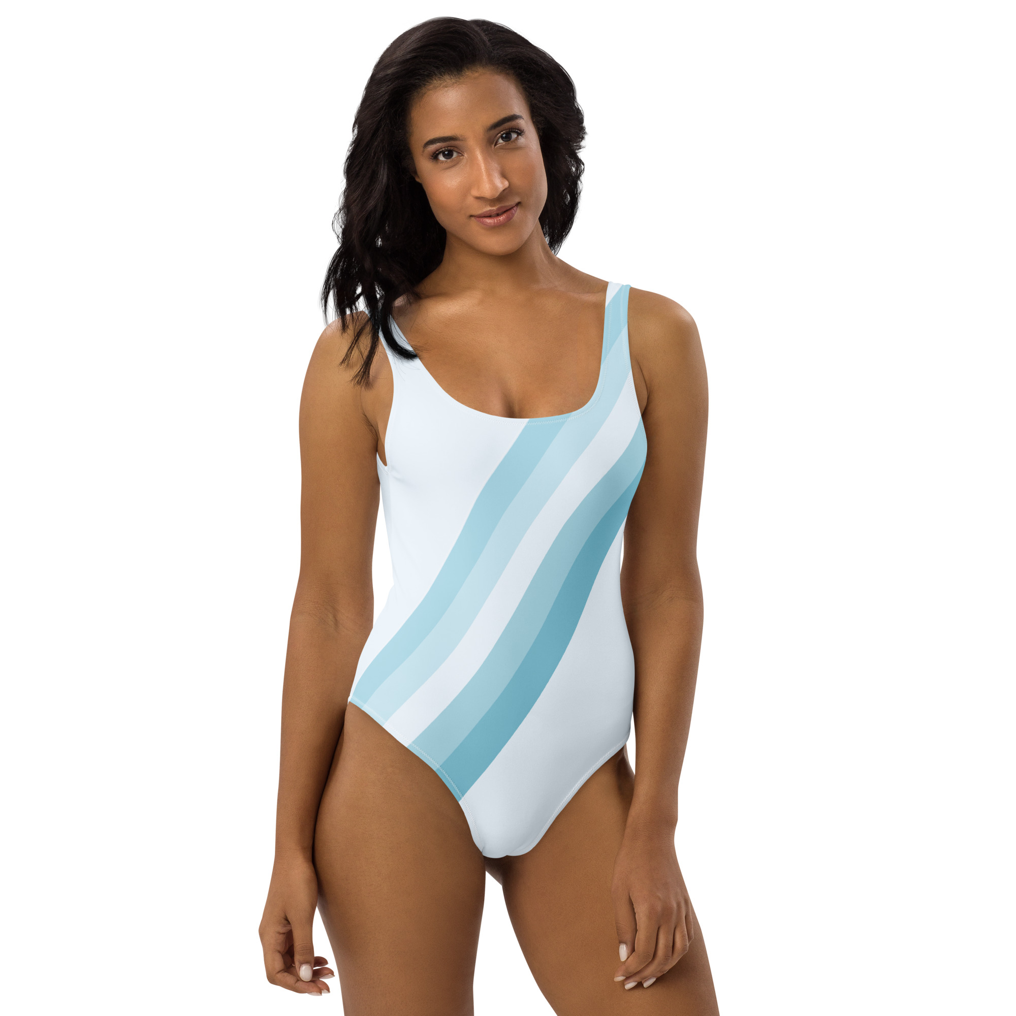 The Stripes Series (Light Blue) One-Piece Swimsuit light blue grey front art concierge clothing JPG