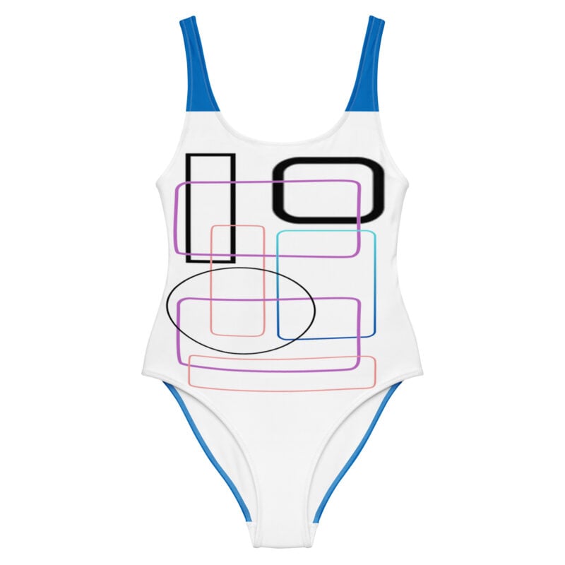The Art Series (Geometric Shapes) One-Piece Swimsuit black blue white front art concierge clothing jpg