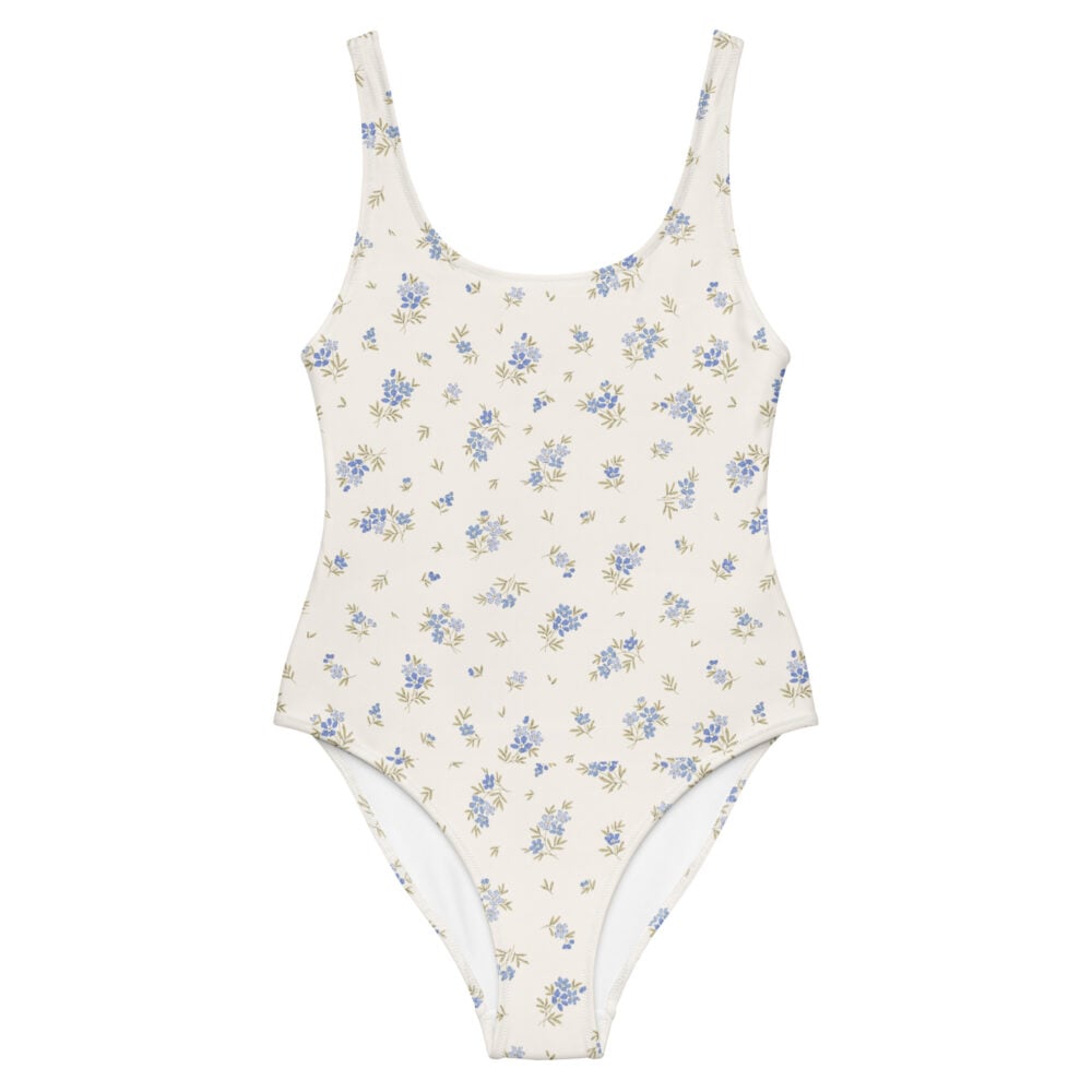 The Floral Series (Blue Flowers) One-Piece Swimsuit blue white front art concierge clothing jpg