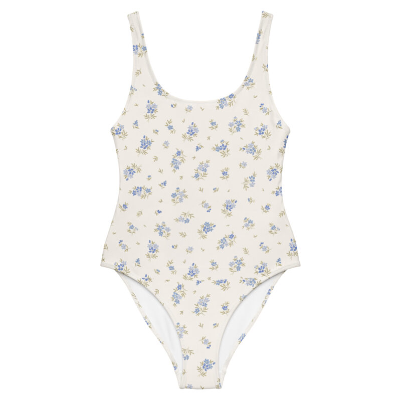 The Floral Series (Blue Flowers) One-Piece Swimsuit blue white front art concierge clothing jpg