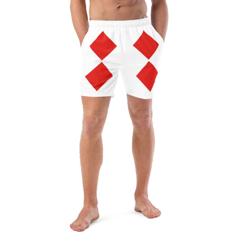 Nautical Foxtrot Swim Trunks red and white front art concierge clothing jpg