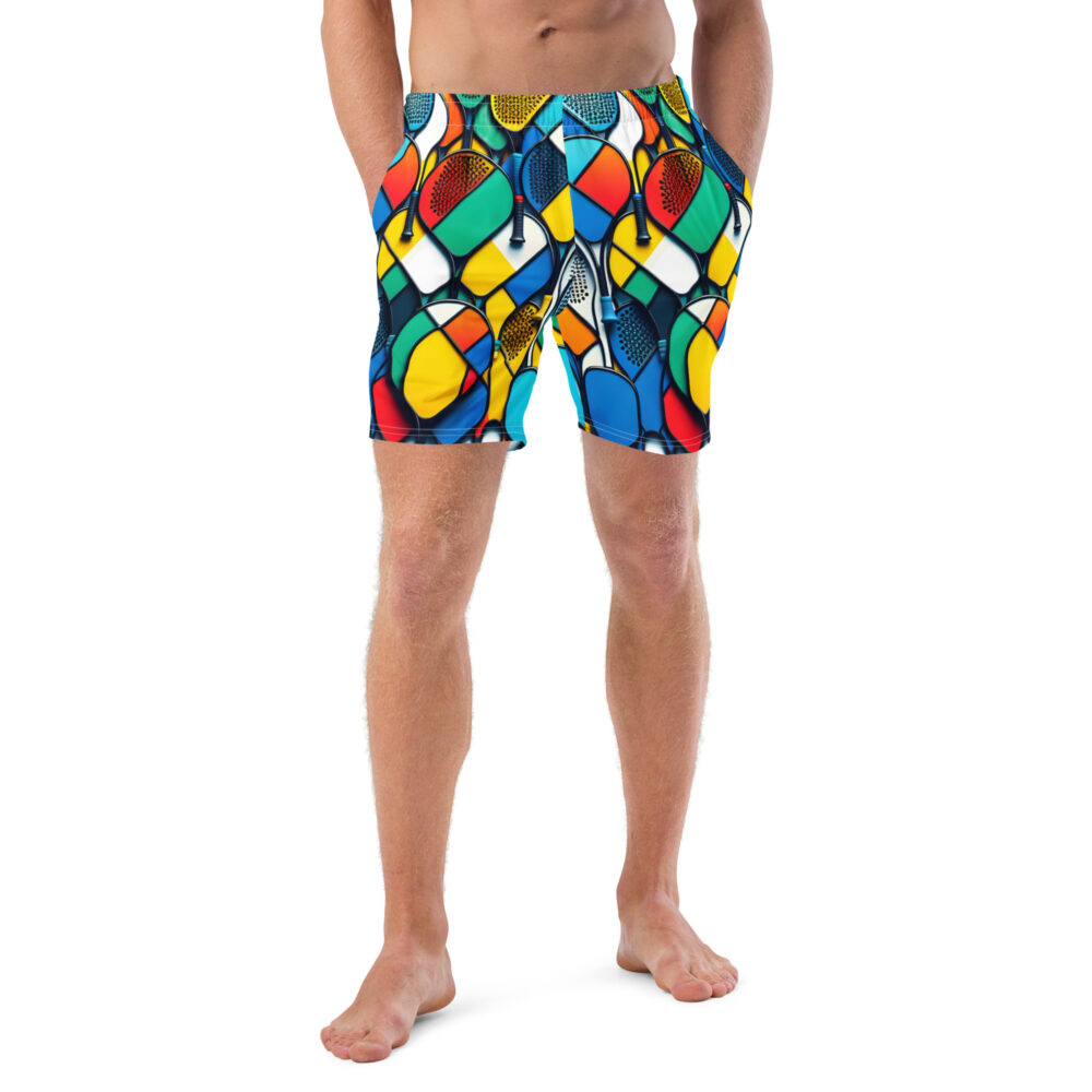 The Cartoon Series (Painted Rackets) Swim Trunks blue, yellow, red and white front art concierge clothing jpg