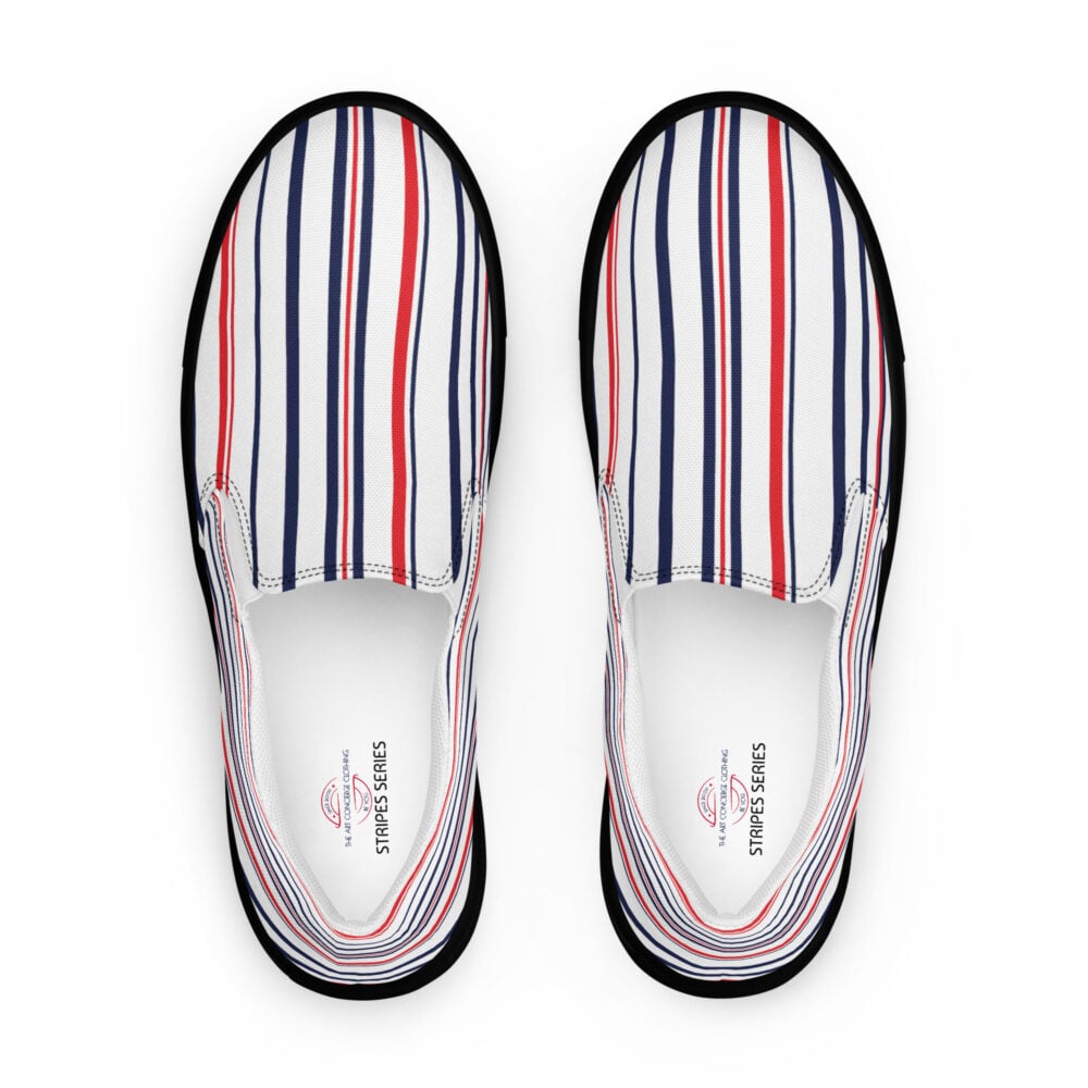 The Stripes Series (Classic Red and Blue) Men’s Slip-on Canvas Shoes blue white red black front art concierge clothing jpg