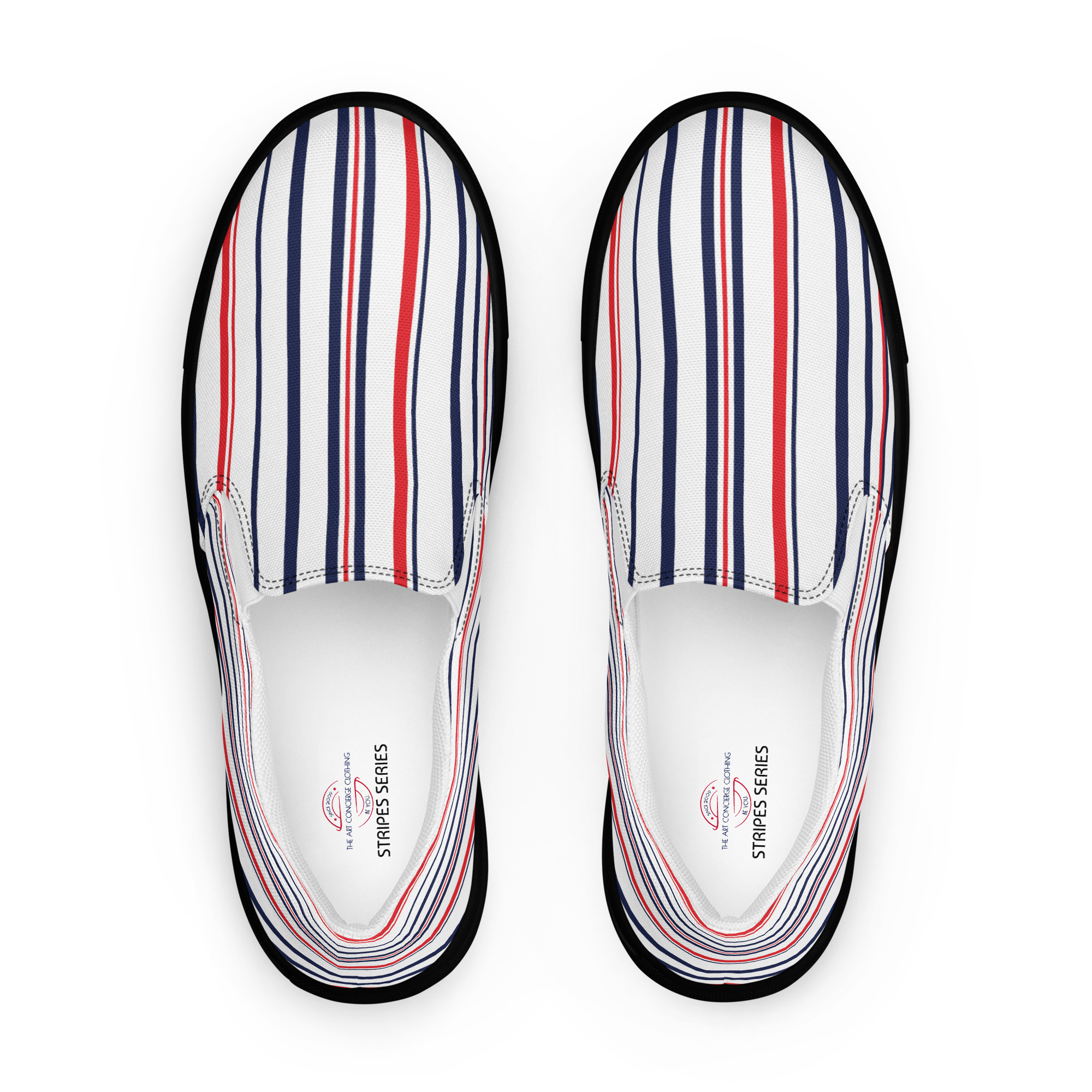 The Stripes Series (Classic Red and Blue) Men’s Slip-on Canvas Shoes blue white red black front art concierge clothing jpg