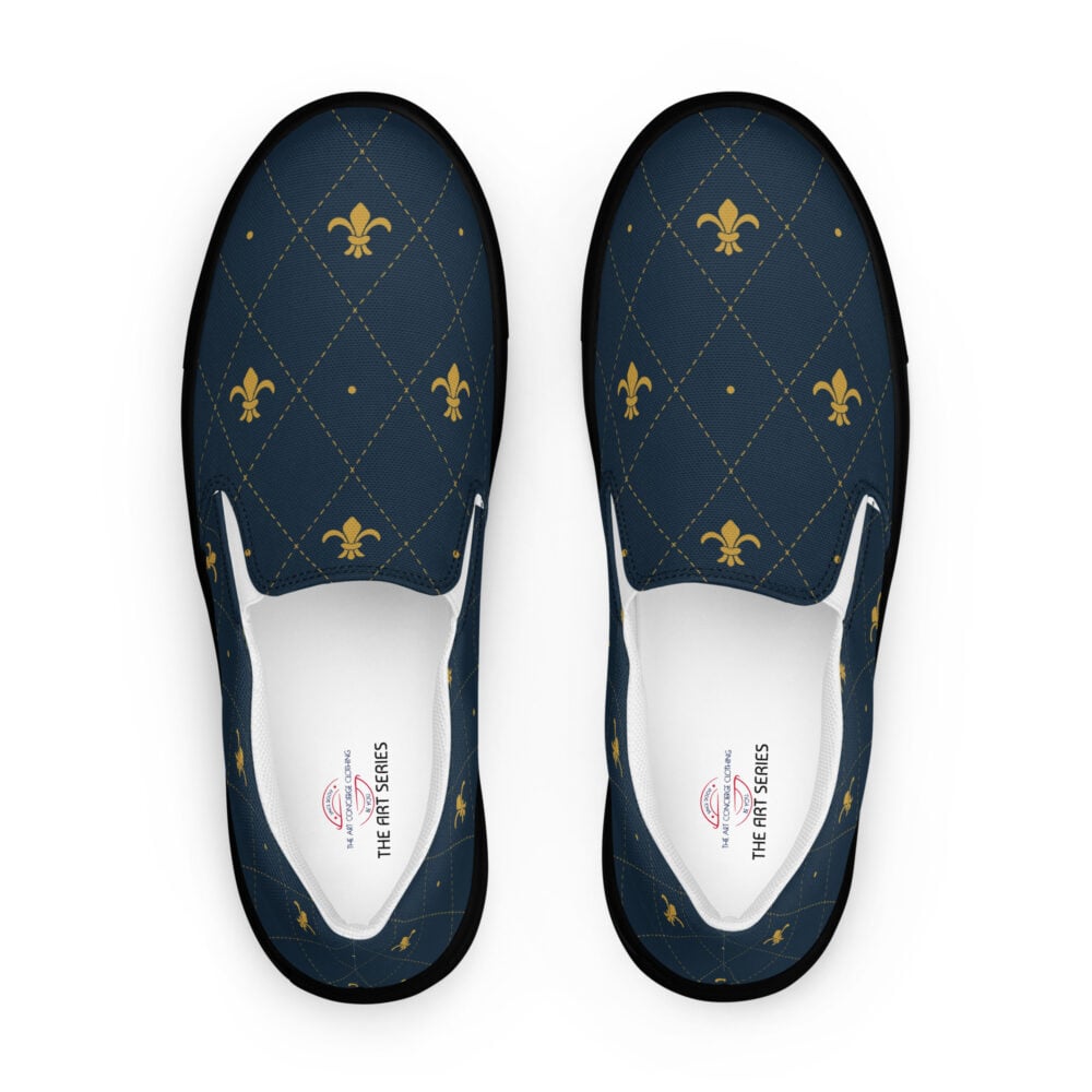 The Art Series (Fleur de Lis) Men’s Slip-on Canvas Shoes gold black front art concierge clothing jpg