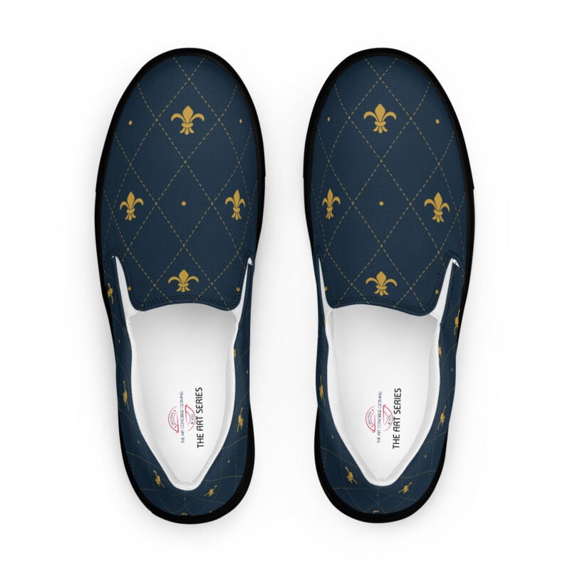 The Art Series (Fleur de Lis) Men’s Slip-on Canvas Shoes gold black front art concierge clothing jpg