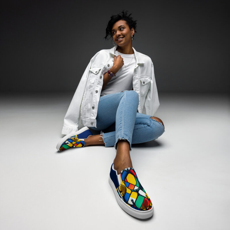 The Cartoon Series (Painted Rackets) Women’s Slip-on Deck Shoes multi-colored white front art concierge clothing jpg