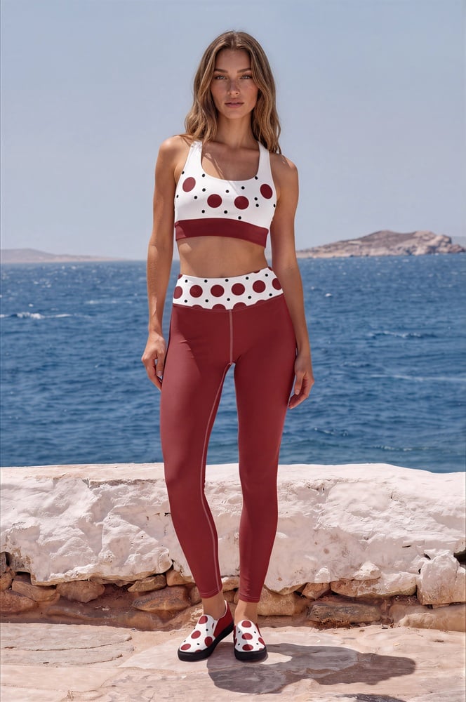 Céline Azure Coast Céline Azure Coast The Bauhaus Series (Red and Black Pocka Dots) Longline Sports Bra Yoga Leggings Deck Shoes red black white front art concierge clothing jpg