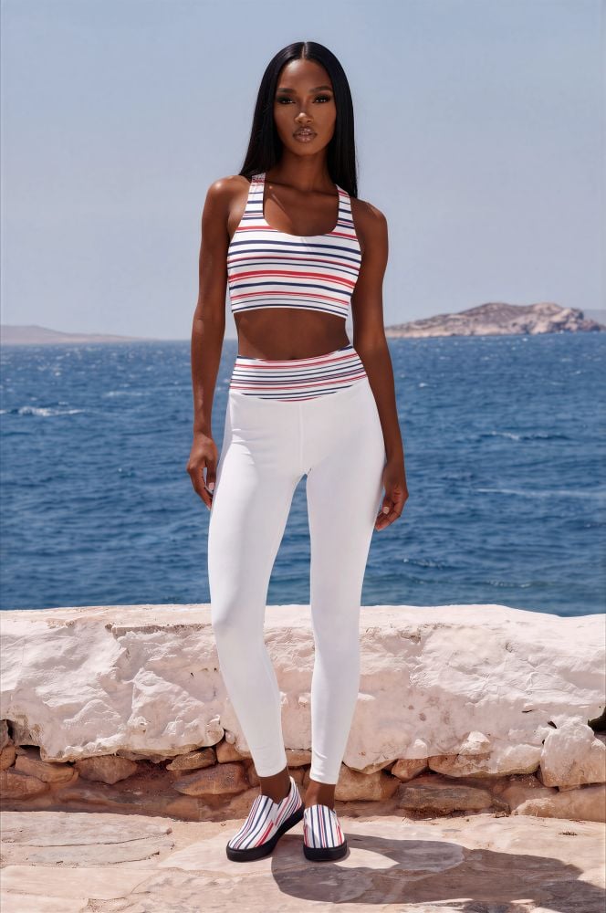 Imogen Azure Coast The Stripes Series (Classic Red and Blue) longline sports bra yoga leggings canvas deck shoes blue red white front art concierge clothing jpg