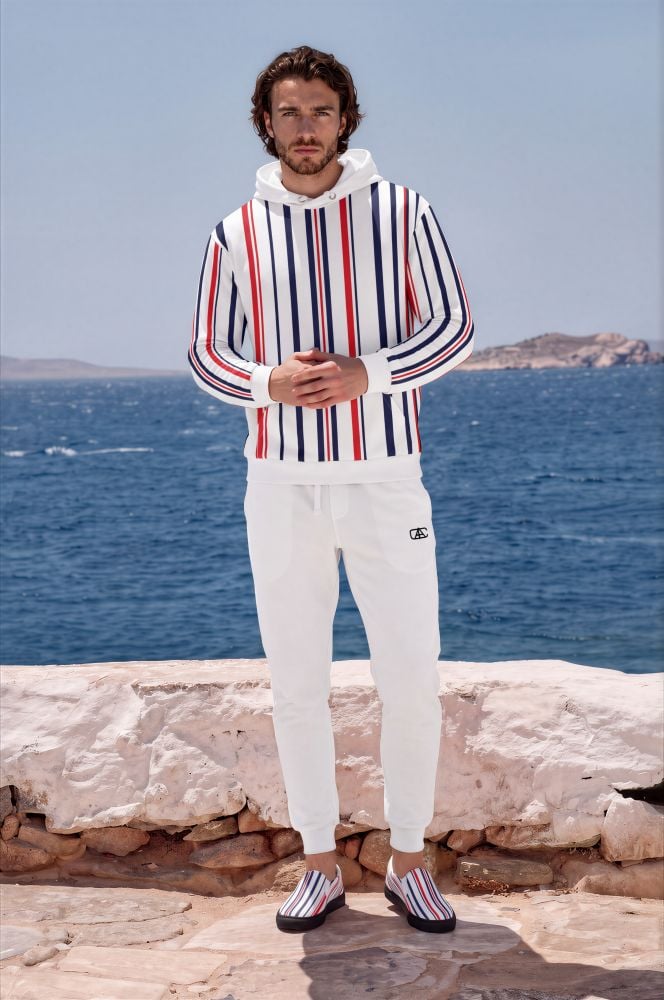 Jordan Azure Coast The Stripes Series (Classic Red and Blue) Hoodie blue red white front art concierge clothing jpg