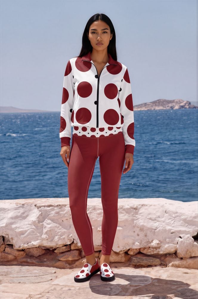 Kaia Azure Coast Kaia Azure Coast The Bauhaus Series (Red and Black Pocka Dots) Track Jacket Yoga Leggings canvas deck shoes red black white front art concierge clothing jpg