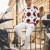Nick The Bauhaus Series (Red and Black Pock Dots) Hoodie Fleece Joggers Men’s Deck Shoes red black white front art concierge clothing jpg