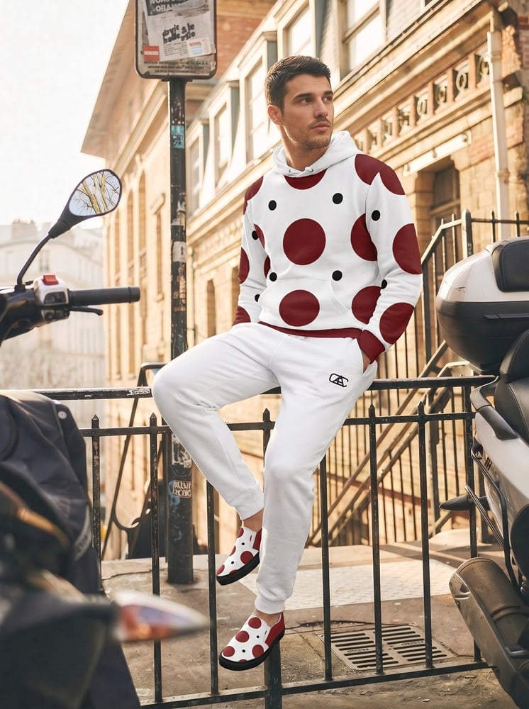 Nick Nick The Bauhaus Series (Red and Black Pock Dots) Hoodie Fleece Joggers Men’s Deck Shoes red black white front art concierge clothing jpg