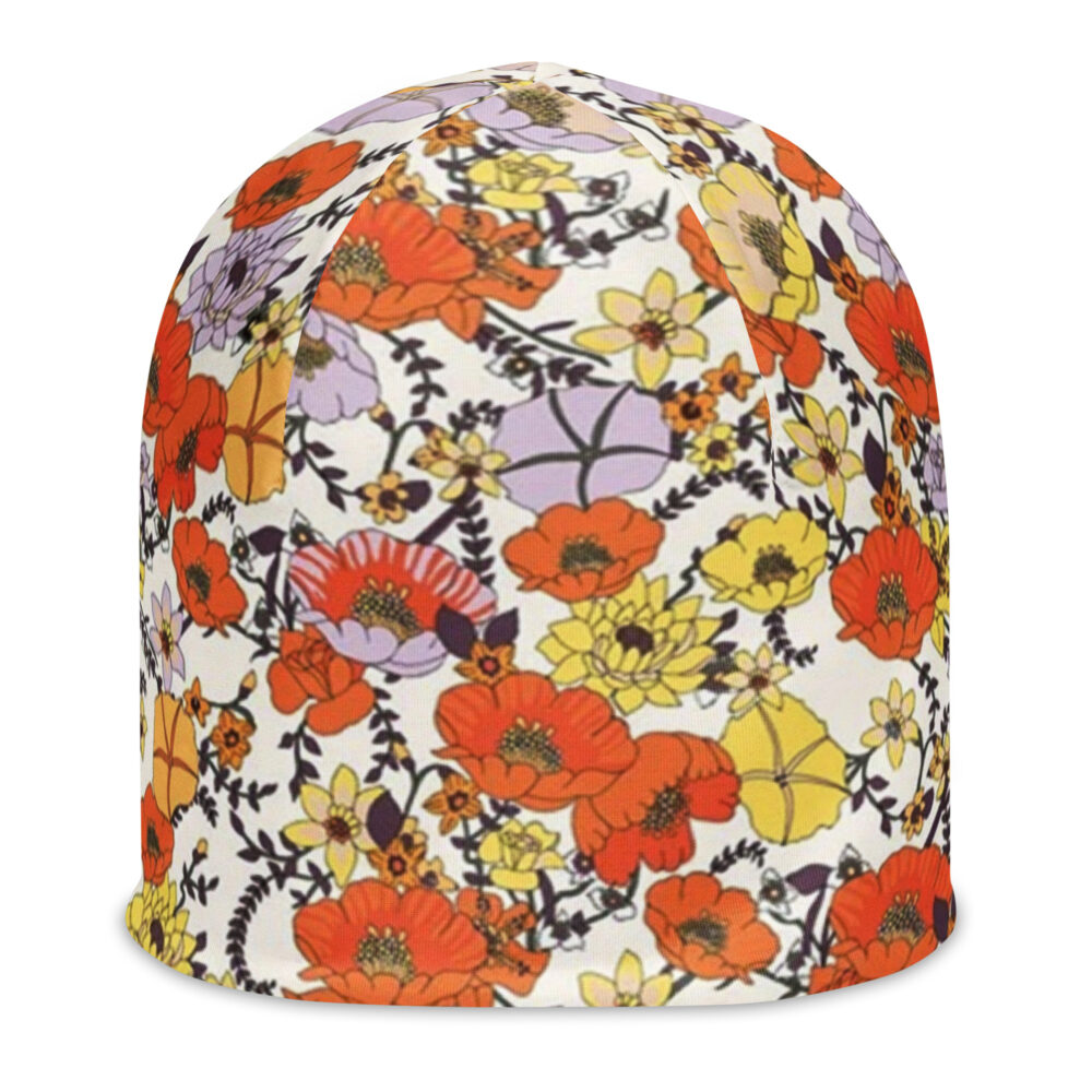 The Art Series (Red Garden) Beanie red white black light blue front art concierge clothing jpg