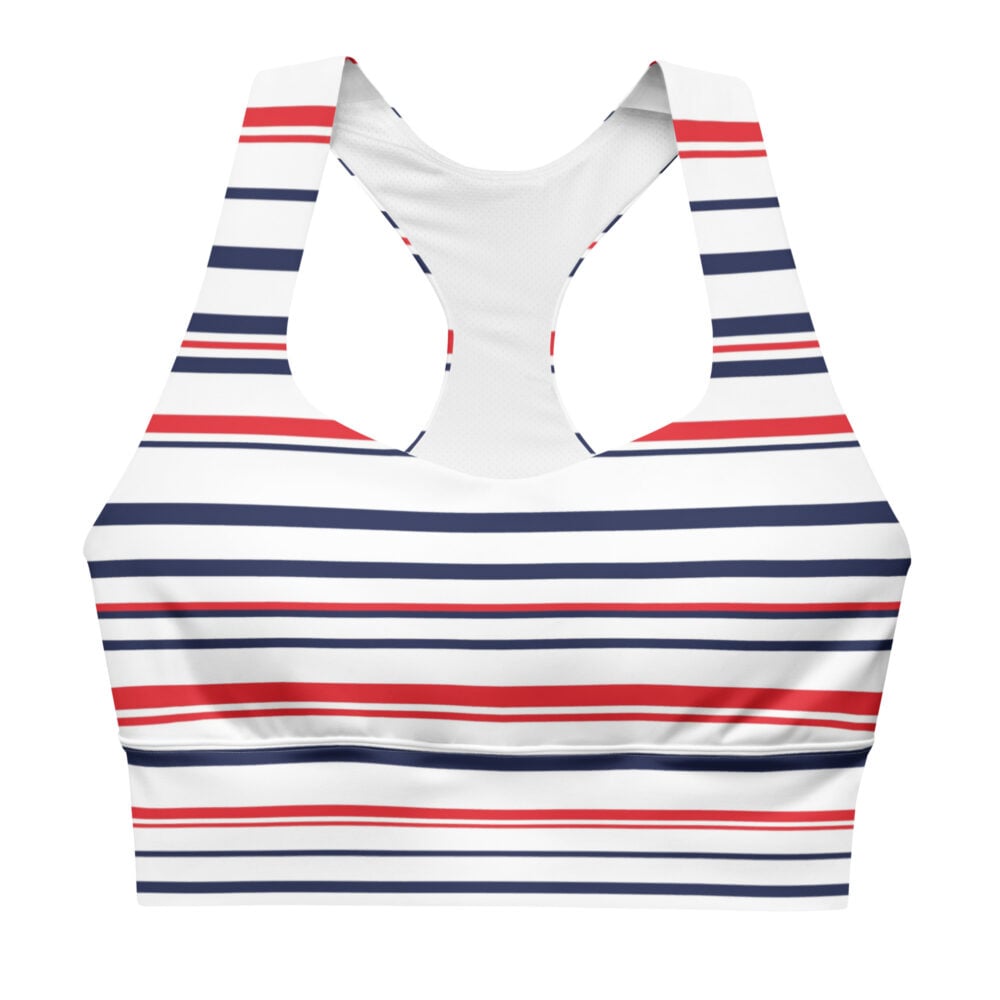 The Stripes Series (Classic Red and Blue) Longline Sports Bra blue red white front art concierge clothing jpg