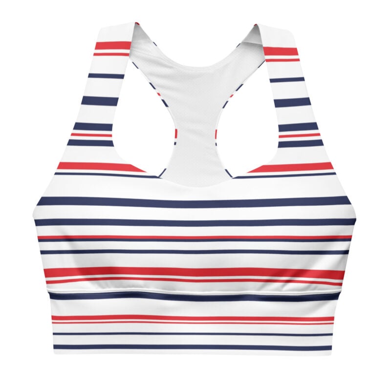 The Stripes Series (Classic Red and Blue) Longline Sports Bra blue red white front art concierge clothing jpg