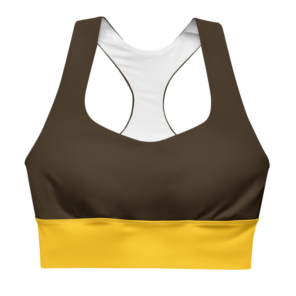 The Bauhaus Series (Chocolate and Friends) Longline Sports Bra chocolate mustard yellow front art concierge clothing jpg