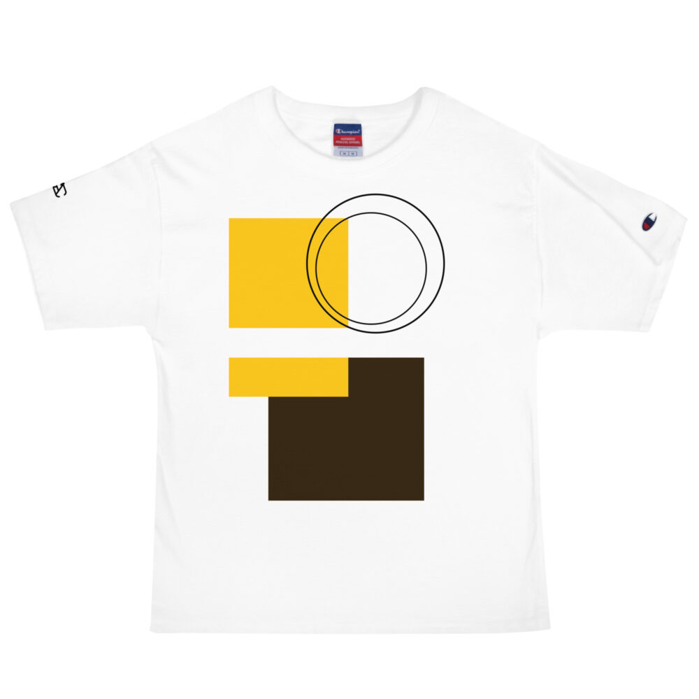 The Bauhaus Series (Chocolate and Friends) Champion T-Shirt chocolate navy mustard yellow white front art concierge clothing jpg