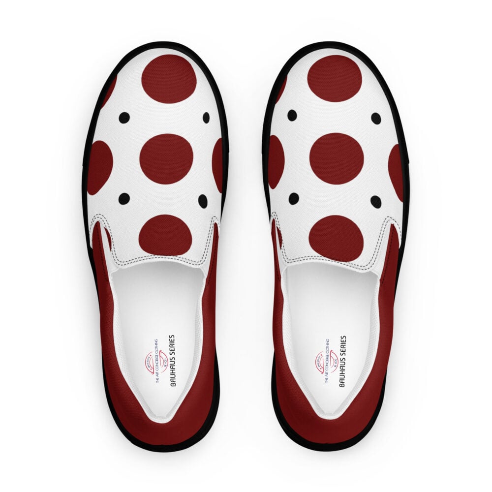 The Bauhaus Series (Red and Black Pocka Dots) Men’s Deck Shoes red black white front art concierge clothing jpg