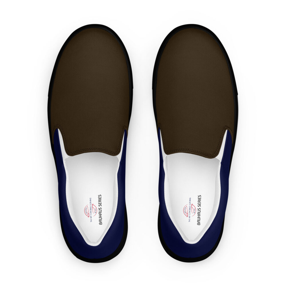 The Bauhaus Series (Chocolate and Friends) Men’s Slip-on Deck Shoes chocolate navy blue black front art concierge clothing jpg