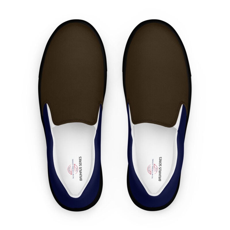 The Bauhaus Series (Chocolate and Friends) Men’s Slip-on Deck Shoes chocolate navy blue black front art concierge clothing jpg