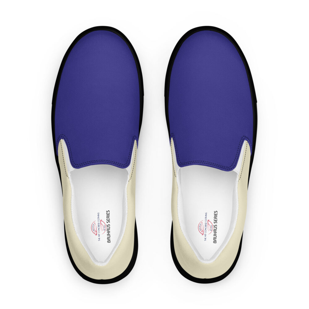 The Bauhaus Series (Cobalt and Friends) Men’s Slip-on Canvas Shoes cobalt sand black front art concierge clothing jpg