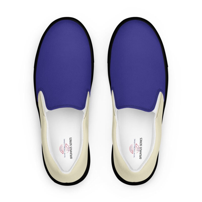 The Bauhaus Series (Cobalt and Friends) Men’s Slip-on Canvas Shoes cobalt sand black front art concierge clothing jpg